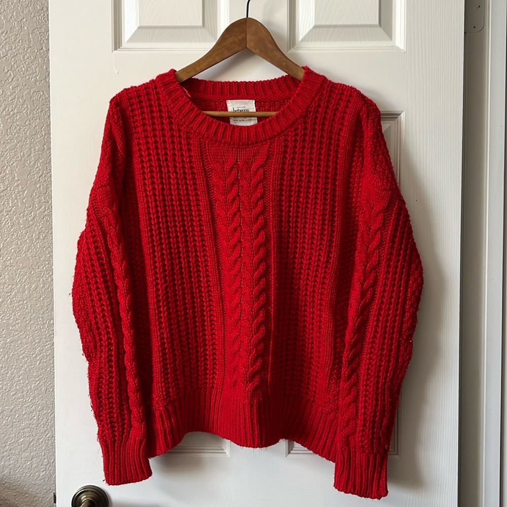 Red Cable Knit Crew Neck Sweater